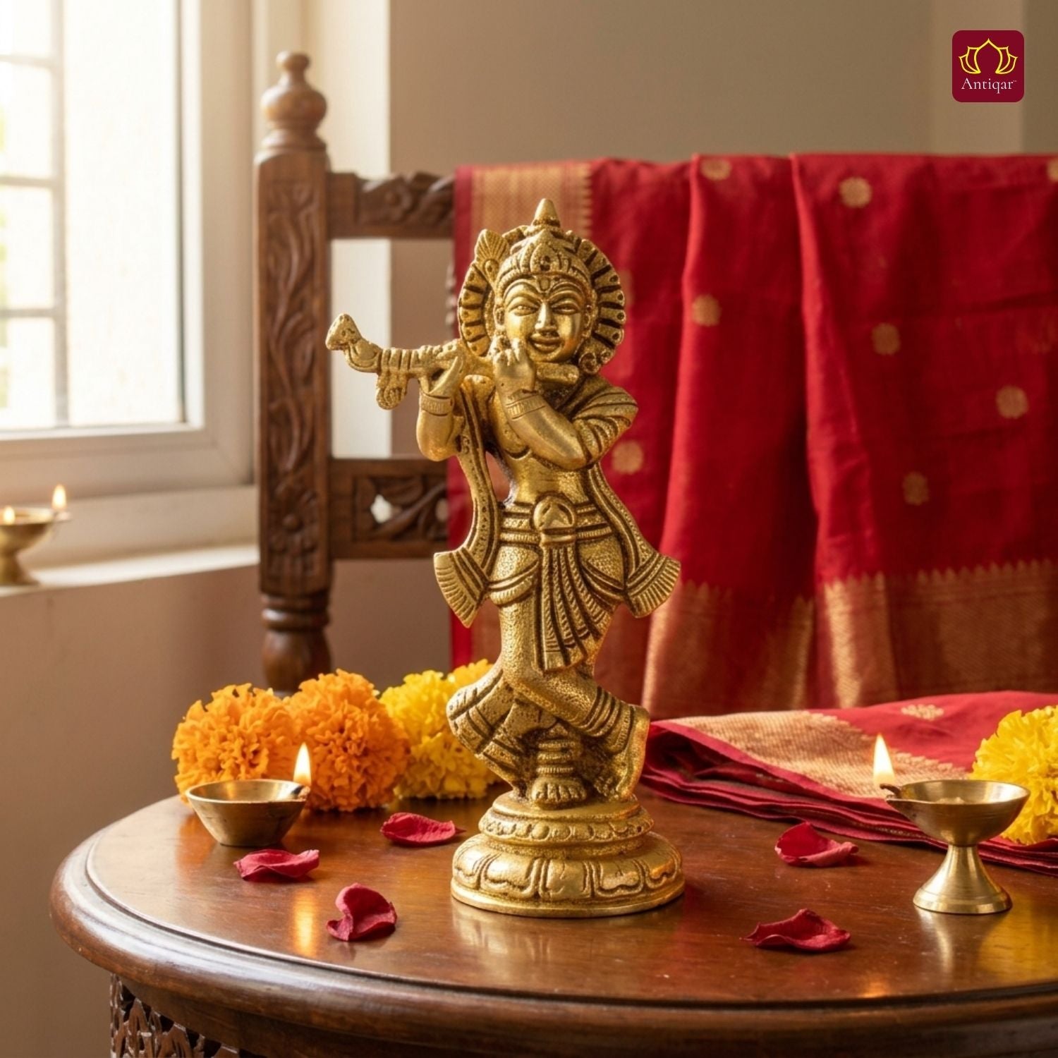 Brass Krishna Idol - 15cm | Handcrafted Art for Worship | Home, Temple & Vehicle Decor