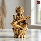 Brass Saraswati Ji Idol - 7.5cm | Antique Golden Finish | Spiritual Idol for Temple & Home Decor