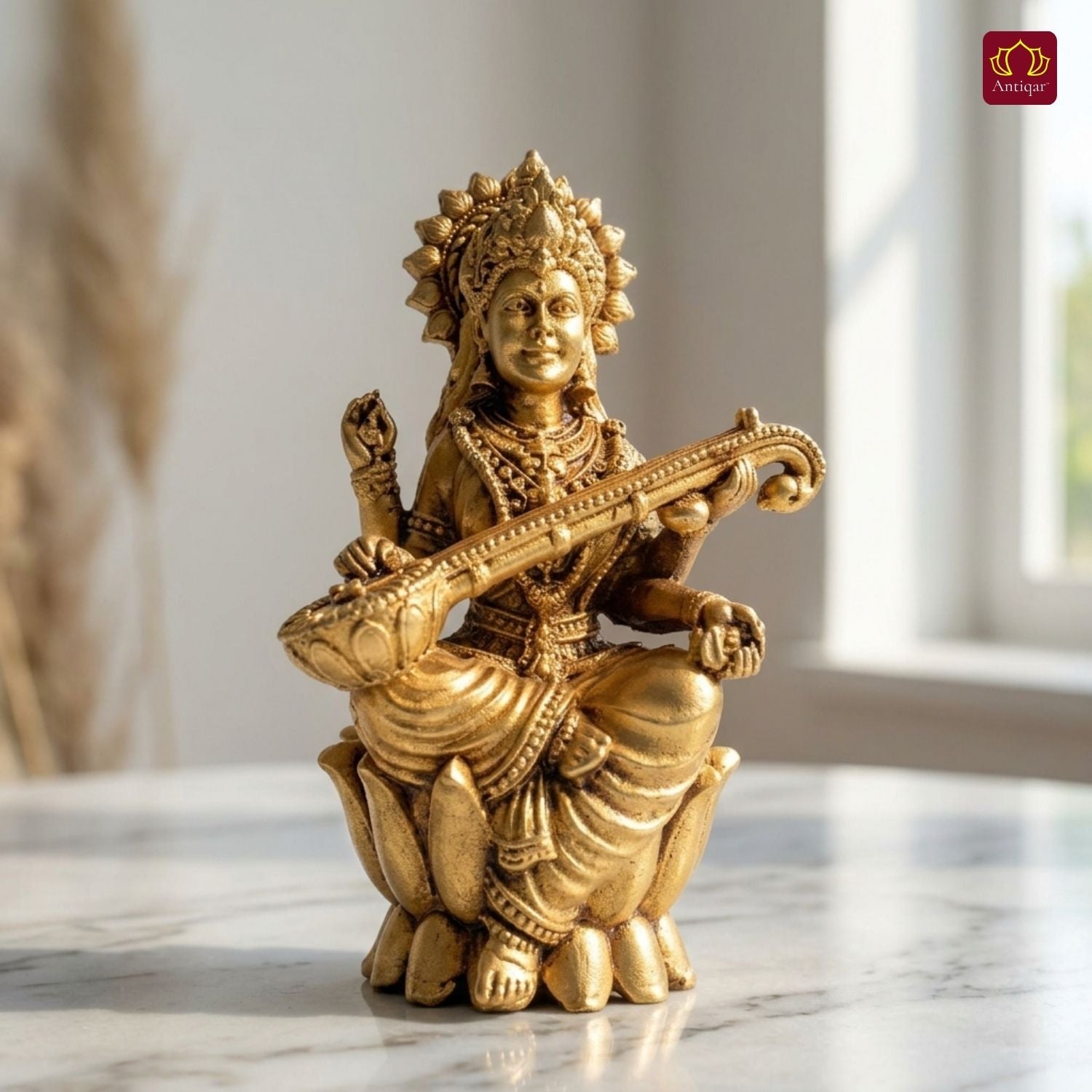 Brass Saraswati Ji Idol - 7.5cm | Antique Golden Finish | Spiritual Idol for Temple & Home Decor