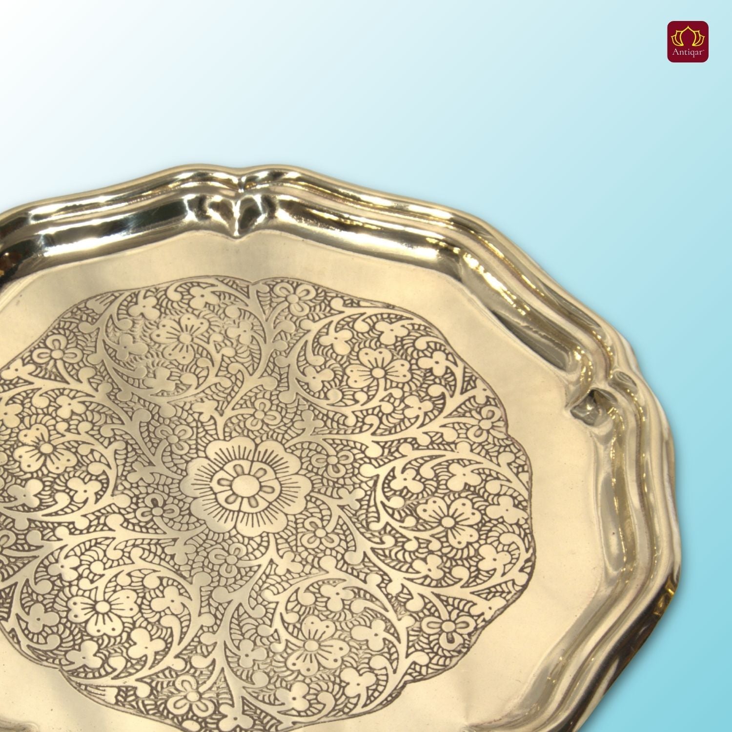 Brass Etching Design Plate - 20cm | Antique Golden Finish | Traditional use for Pooja in Temple, Festivals and Home