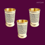 Brass Etching Design Glass - 10.5cm | Serve water & Milks | Antique Golden Finish | Traditional Mughlai Style use for serving in Kitchen, Festivals and Restaurents  (Pack of 3 set)