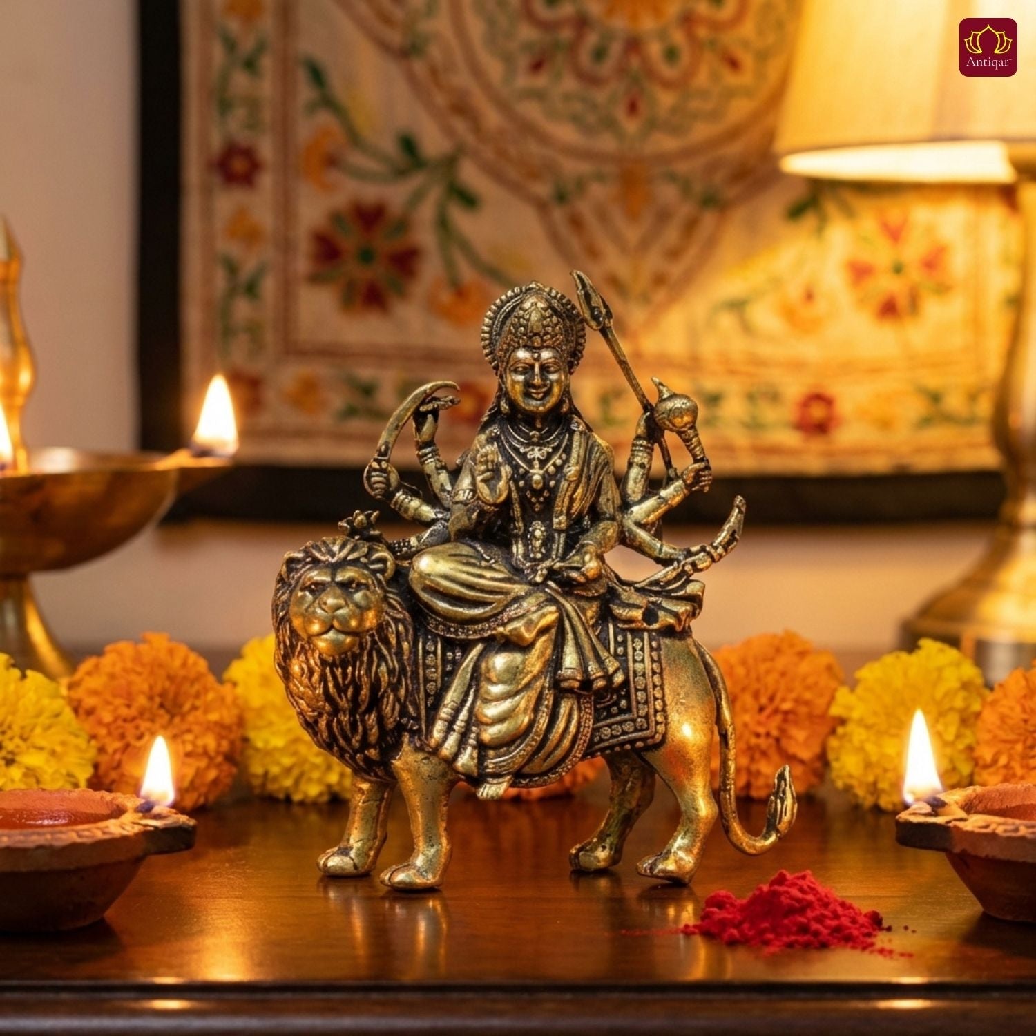 Brass Sherawali Maa Idol - 7.5cm | Sitting on Lion | Antique Golden Finish | Spiritual Idol for Temple & Home Decor