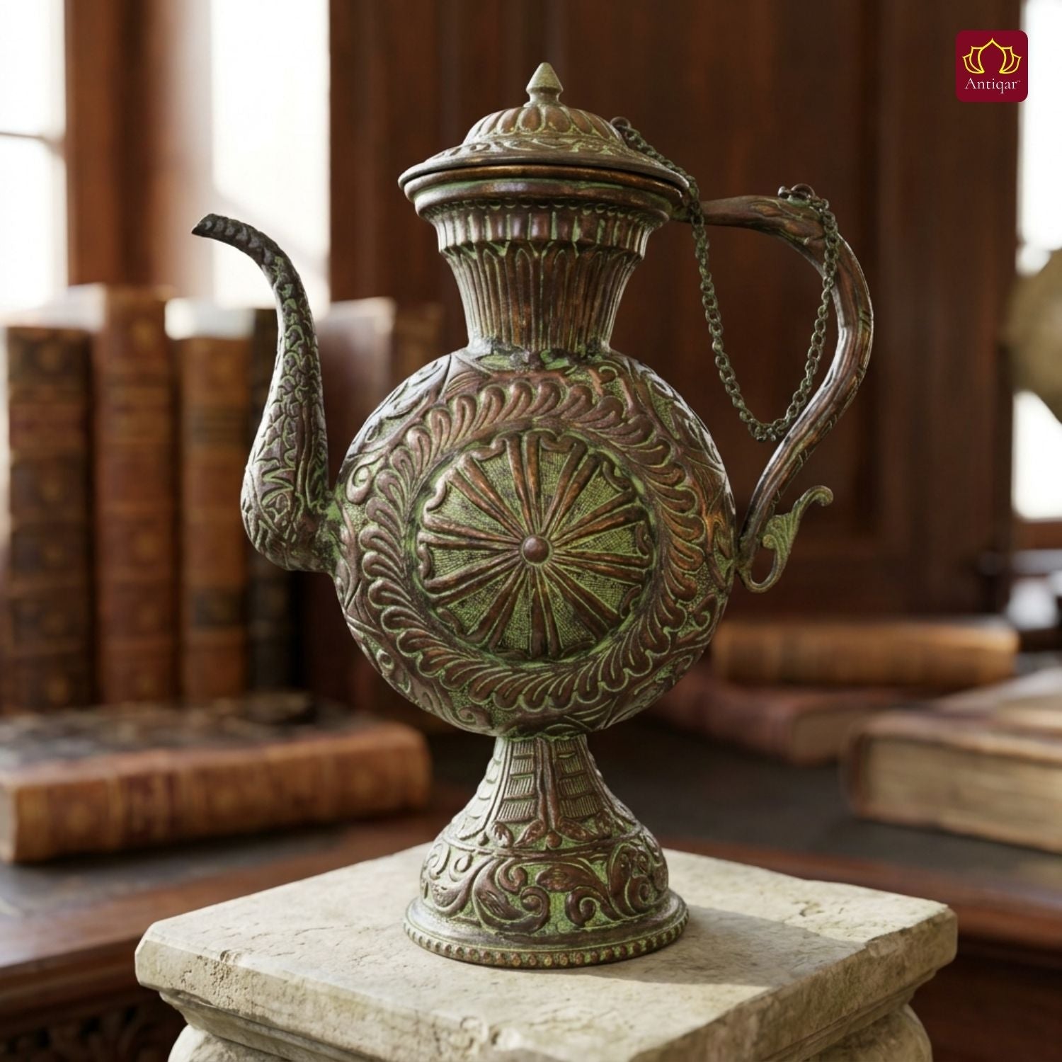Antique Brass Tea & Coffee Kettle - 29cm | Green Patina Finish | Vintage  Mughlai Style use in Home,Office & Restaurant Decor