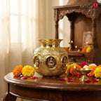 Brass Ashta Lakshmi Kalash - 18cm | Antique Yellow Finish | Spritual use for Pooja, Temple & Festival Decor