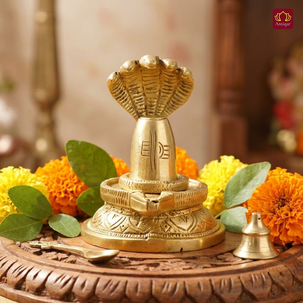 Brass Shivling with Detachable Sheshnaag – 10 cm | Antique Golden Finish | Handcrafted Spiritual Idol for Temple, Home & Car Dashboard Decor