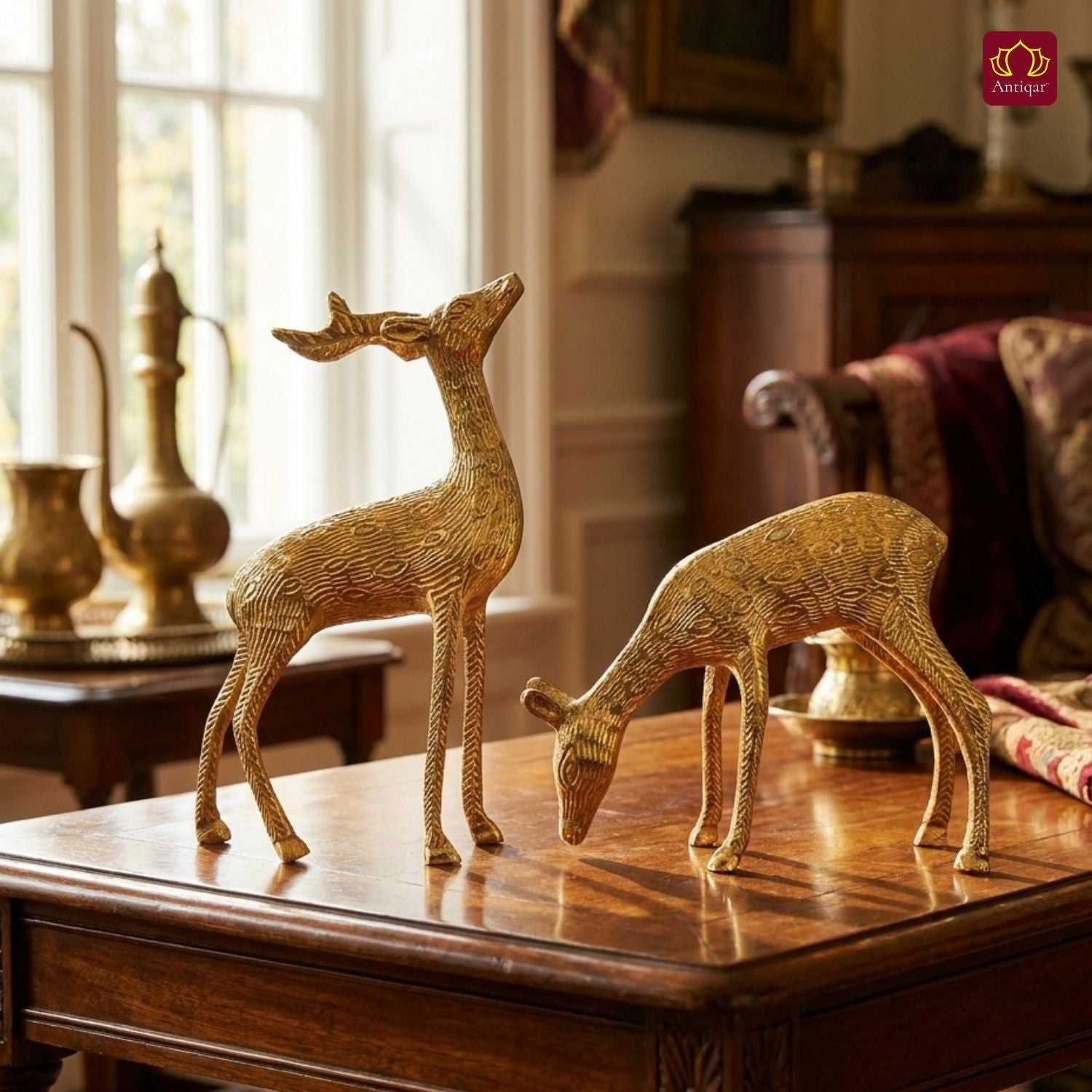 Brass Couple Deer Showpiece -17cm | Premium Superfine Finish | Handcrafted Decor Piece for Living Spaces | Ideal for Gifting