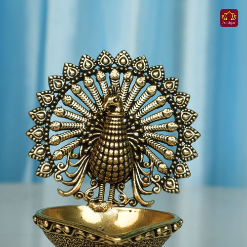 Brass Dancing Peacock on Diya - 7.5cm | Antique Finish | Spritual use for Pooja, Temple & Festival Decor
