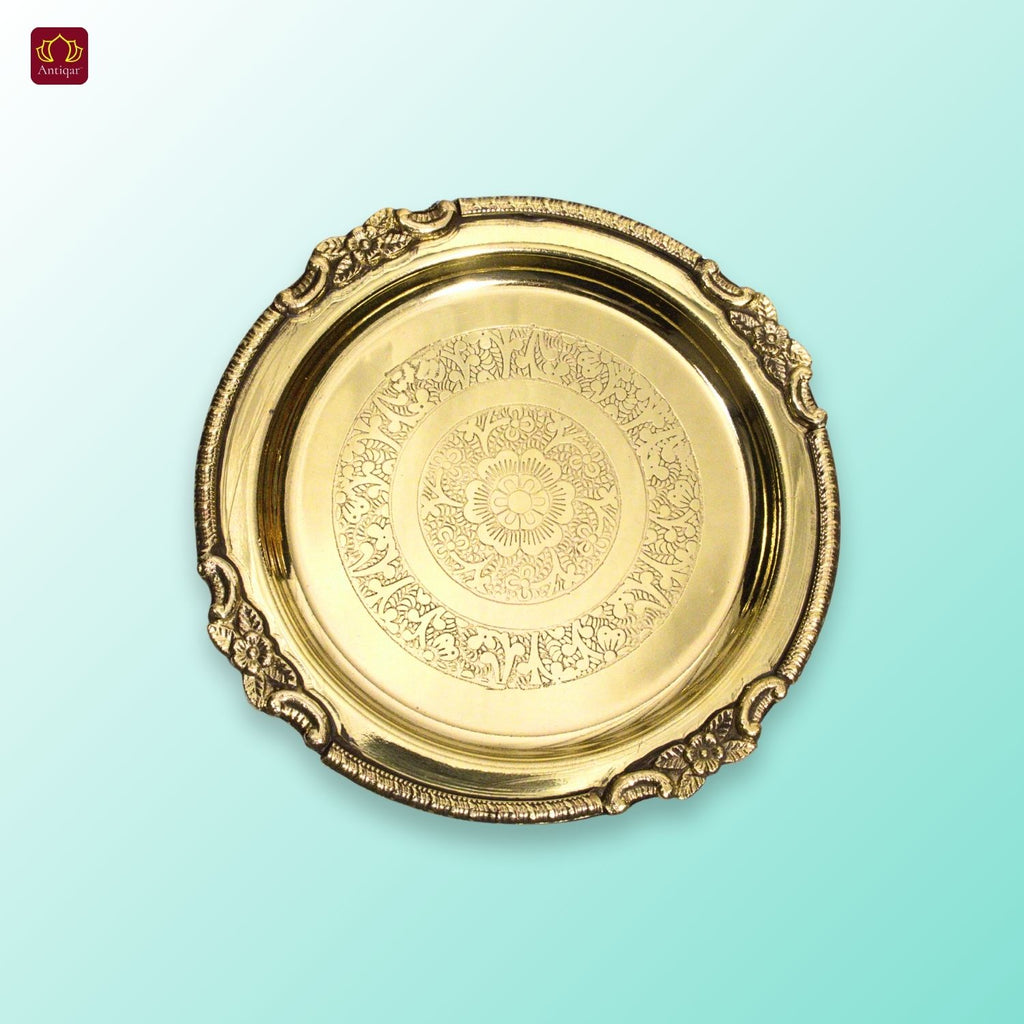 Brass Etching Design Plate - 1.5cm | Antique Golden Finish | Traditional use for Pooja in Temple, Festivals and Home
