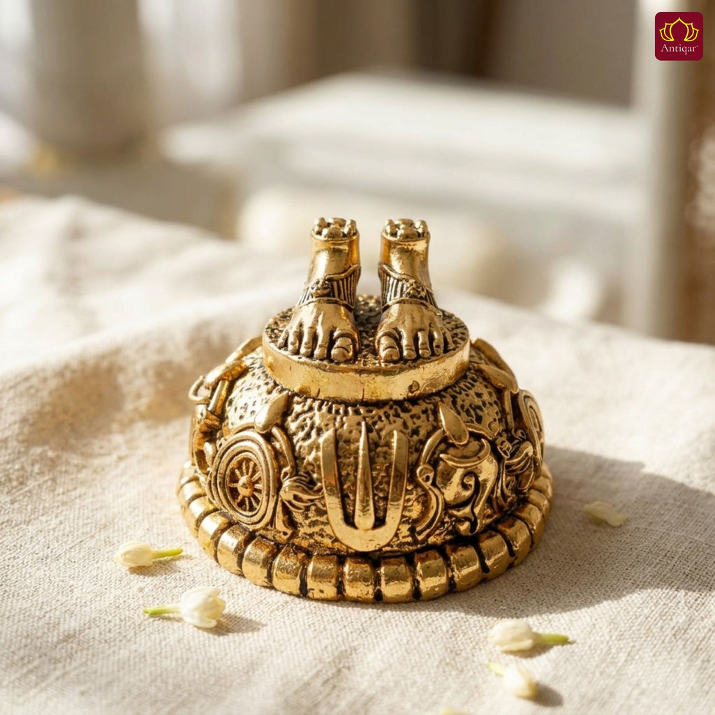 Brass Balaji Charan Paduka - 3cm | Golden Finish | Handcrafted Spiritual Symbol for Temple & Home Decorr