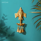 Brass Ganesh Head Wall Hanging – 23 cm | With Diya & Three Bells | Antique Golden Finish | Handcrafted Spiritual Decor for Temple, Home & Wall