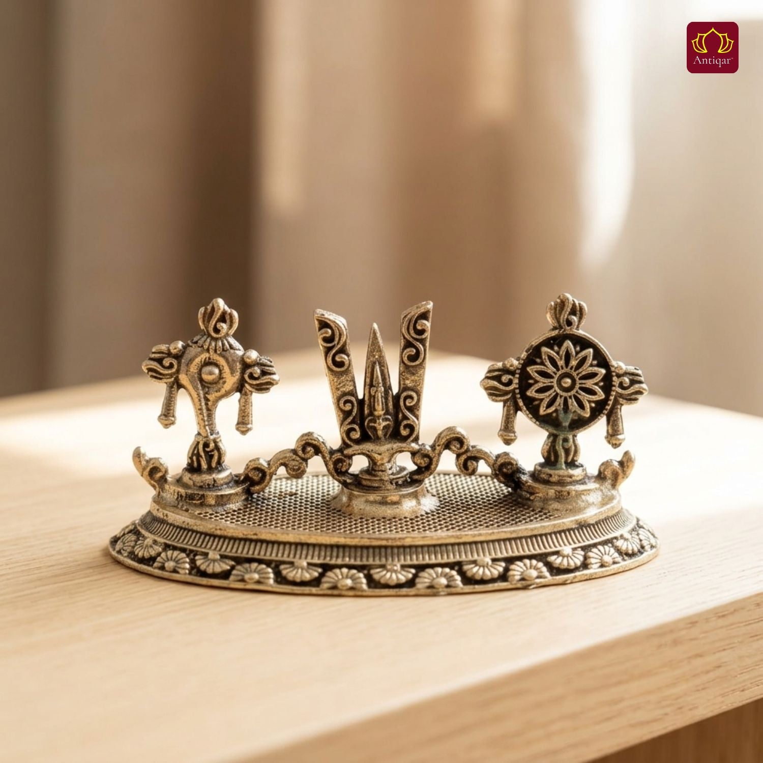 Vaishnava Symbols (Shankha , Tilak & Chakra) - 4cm| Golden Finish | Spiritual Use for Home, Temple & Car Dashboard Decor