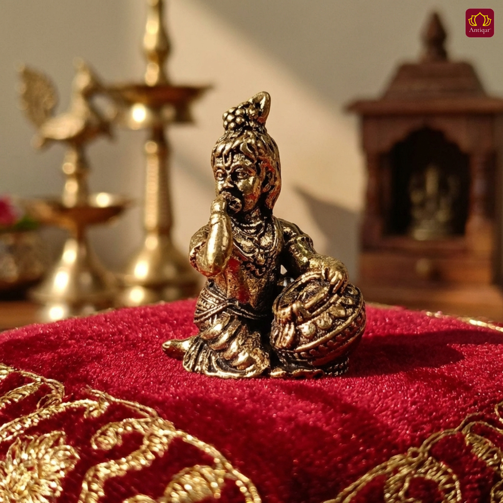 Brass Miniature Krishna idol with Makhhan Matka - 2.5cm | Antique Finish | Spritual use for Home, Temple & Car Dashboard Decor
