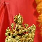 Brass Saraswati Ji Idol – 11 cm | Sitting on Swan with Veena | Antique Golden Finish | Handcrafted for Temple & Home Decor