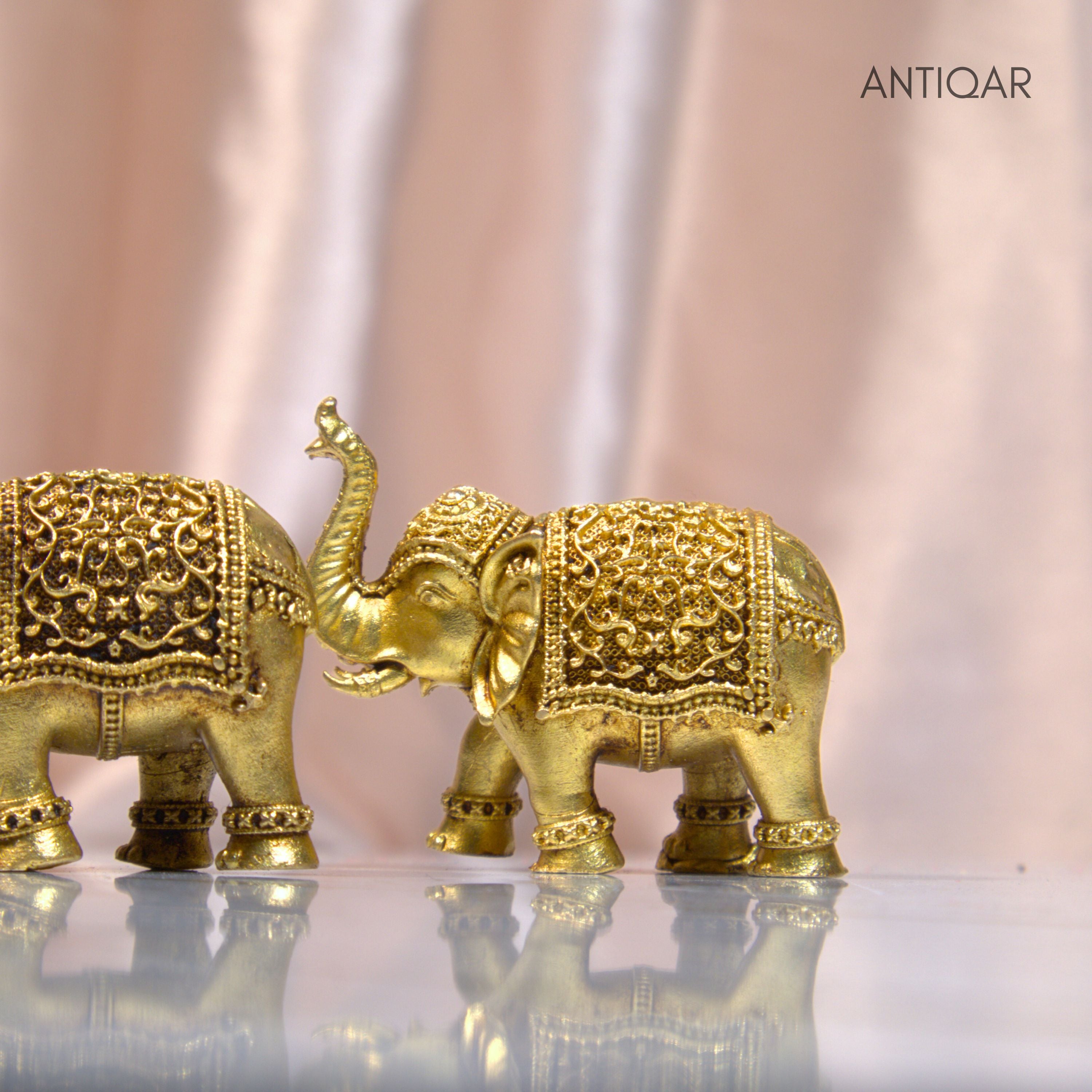Brass Elephant Pair Showpiece in Vintage Design - 3.5cm | Antique Golden Finish | Decorative Figurines for Temple, Home & Office (Pack of 2)