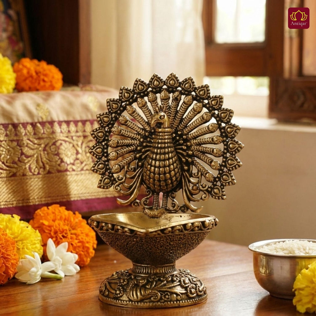 Brass Dancing Peacock on Diya - 7.5cm | Antique Finish | Spritual use for Pooja, Temple & Festival Decor
