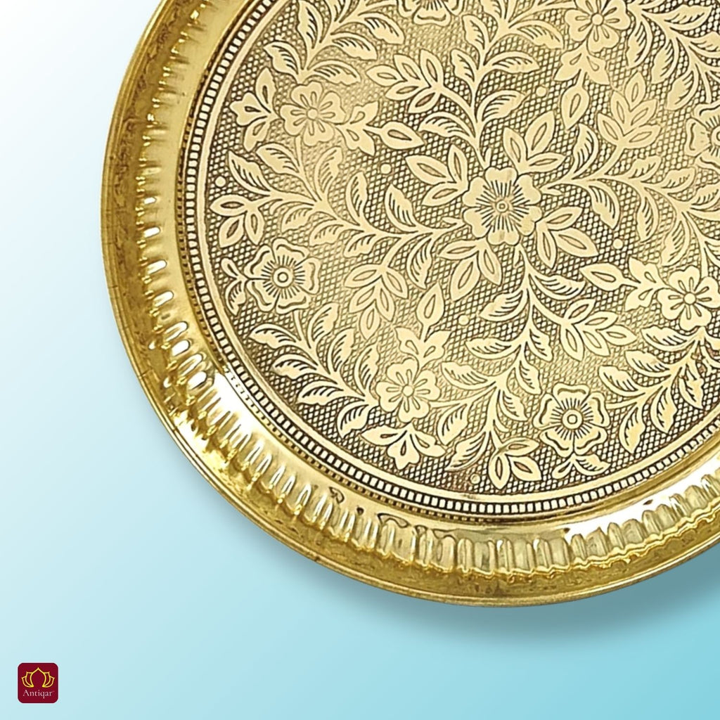 Brass Etching Floral Design Plate - 2cm | Serve Main Course items in Lunch & Dinner | Antique Golden Finish | Traditional Mughlai Style use for serving in Kitchen, Festivals and Restaurents