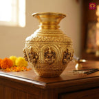 Brass Ashta Lakshmi Kalash - 15cm | Antique Yellow Finish | Spritual use for Pooja, Temple & Festival Decor