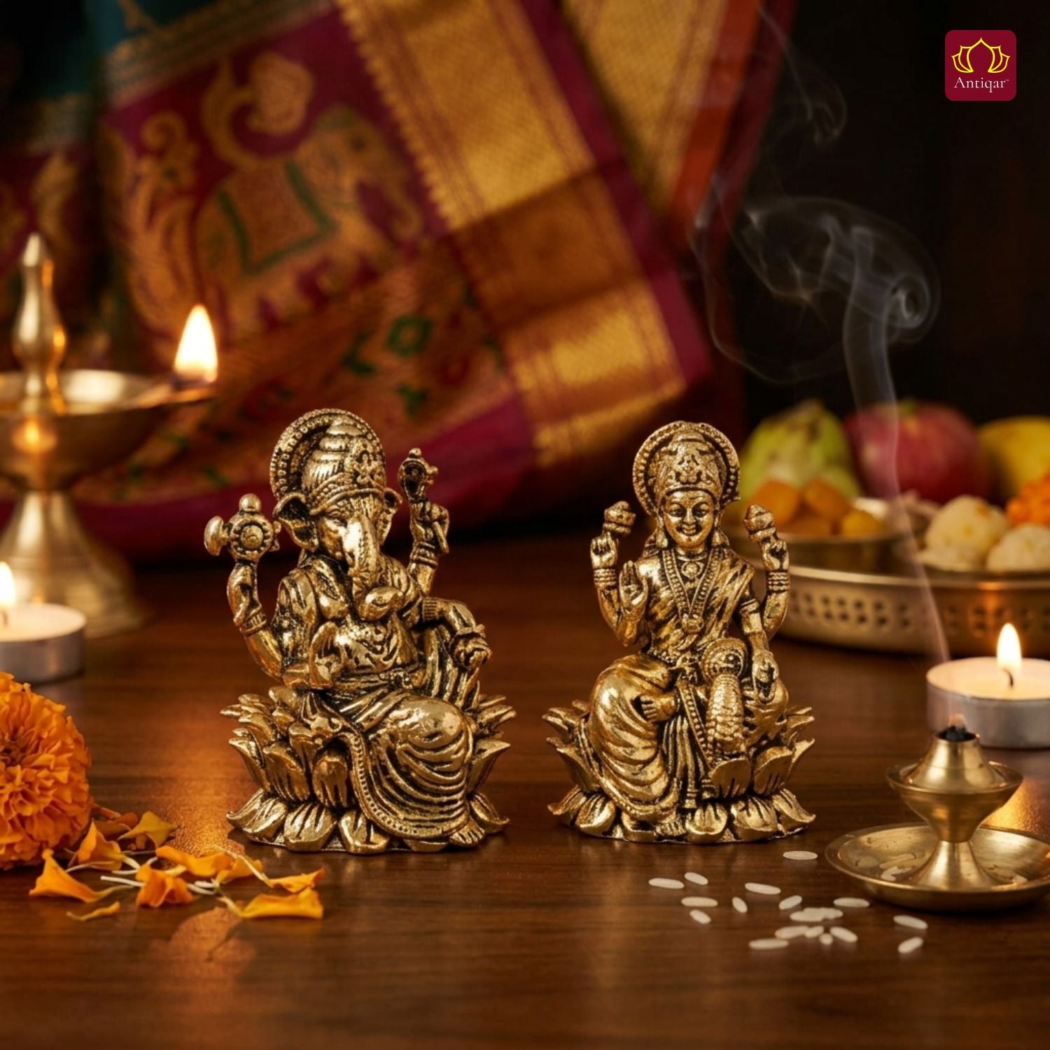 Brass Ganesh Laxmi Pair Idol - 4.5 cm | Golden Finish | Spiritual Idol for Temple & Home Decor