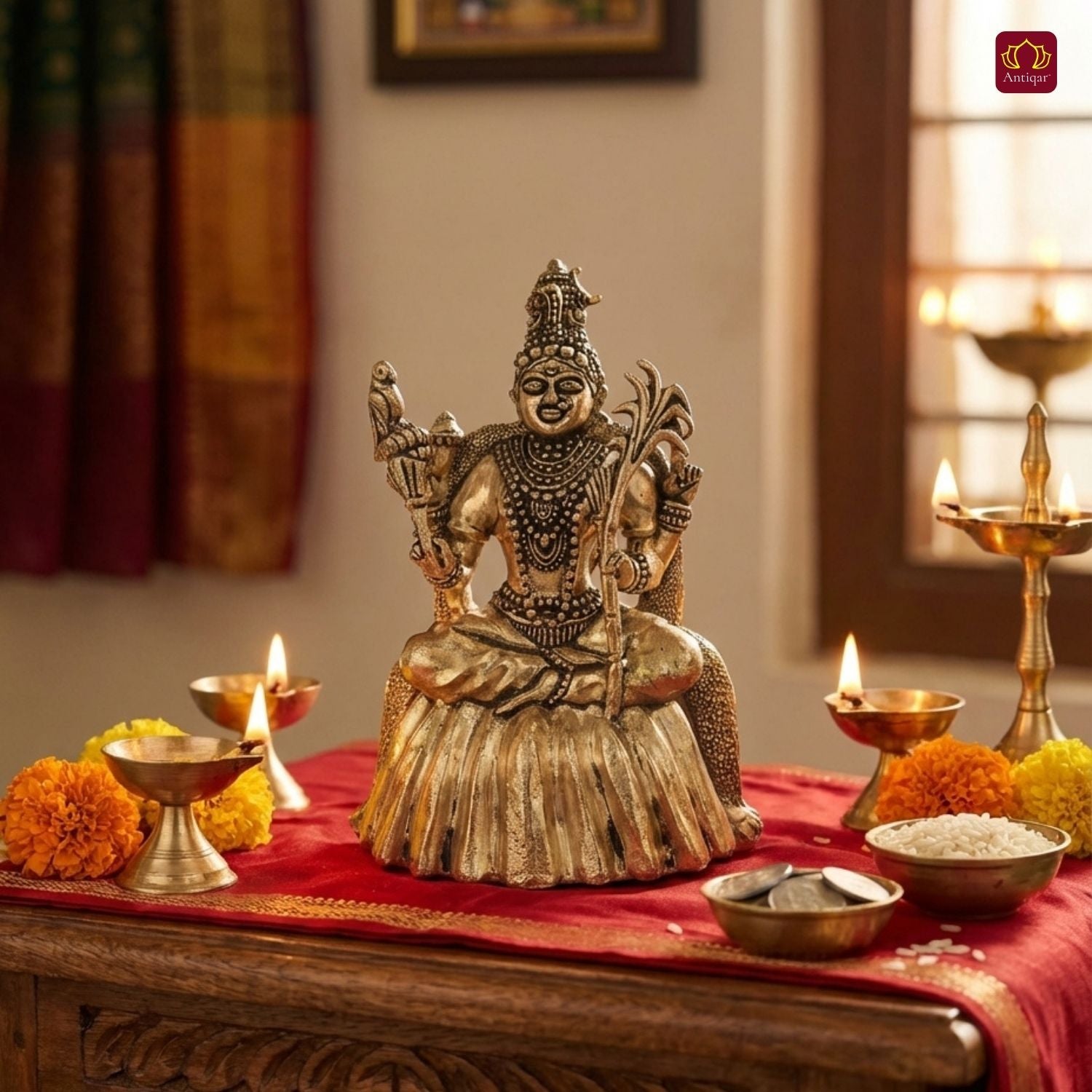Brass Rajrajeshwari Deviji Idol -10cm | Antique Finish | Religious Idol for Home, Temple & Car Dashboard Decor