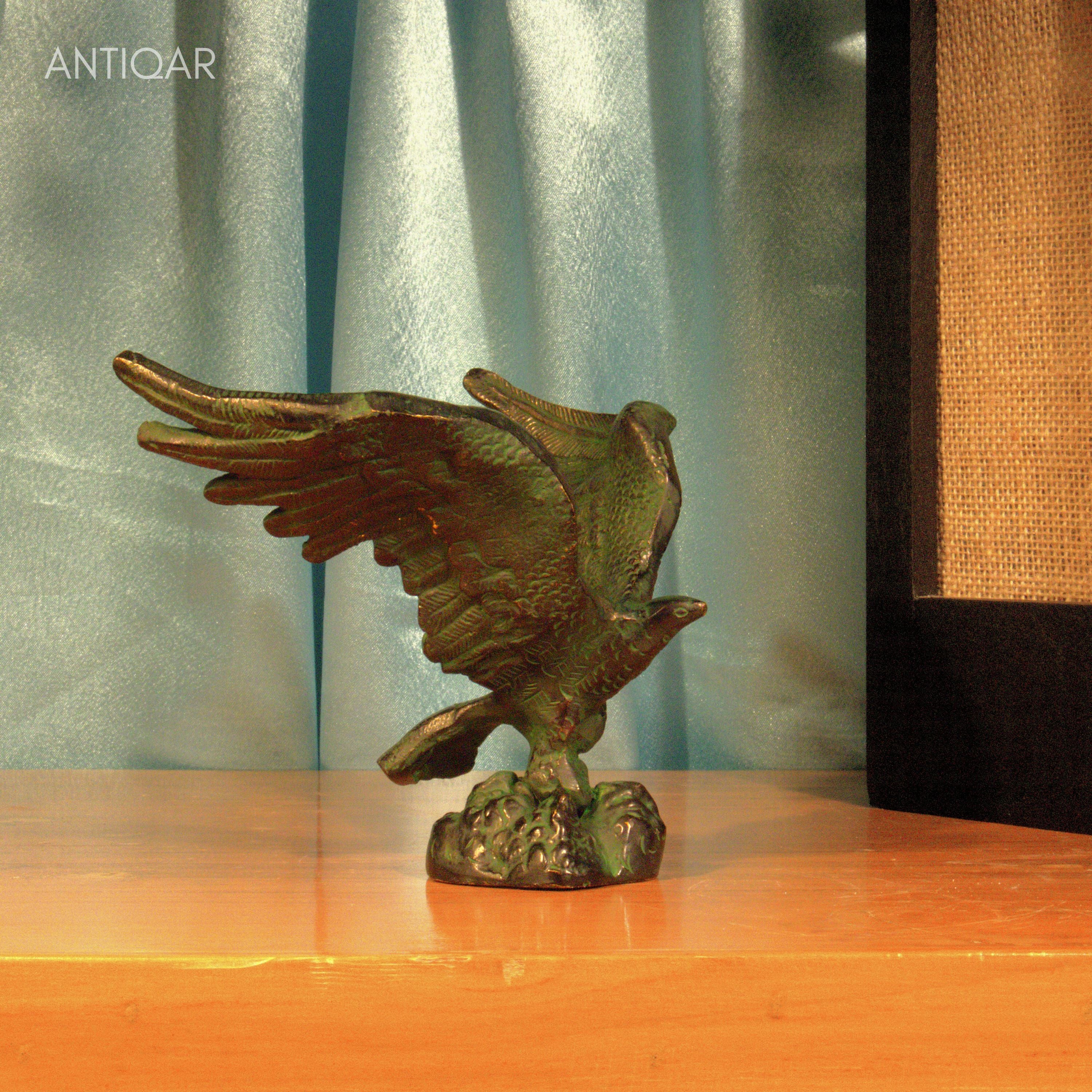 Brass Eagle with Spread Wing - 12cm | Black Green Patina Finish | Handcrafted Showpiece for Home Table Decor