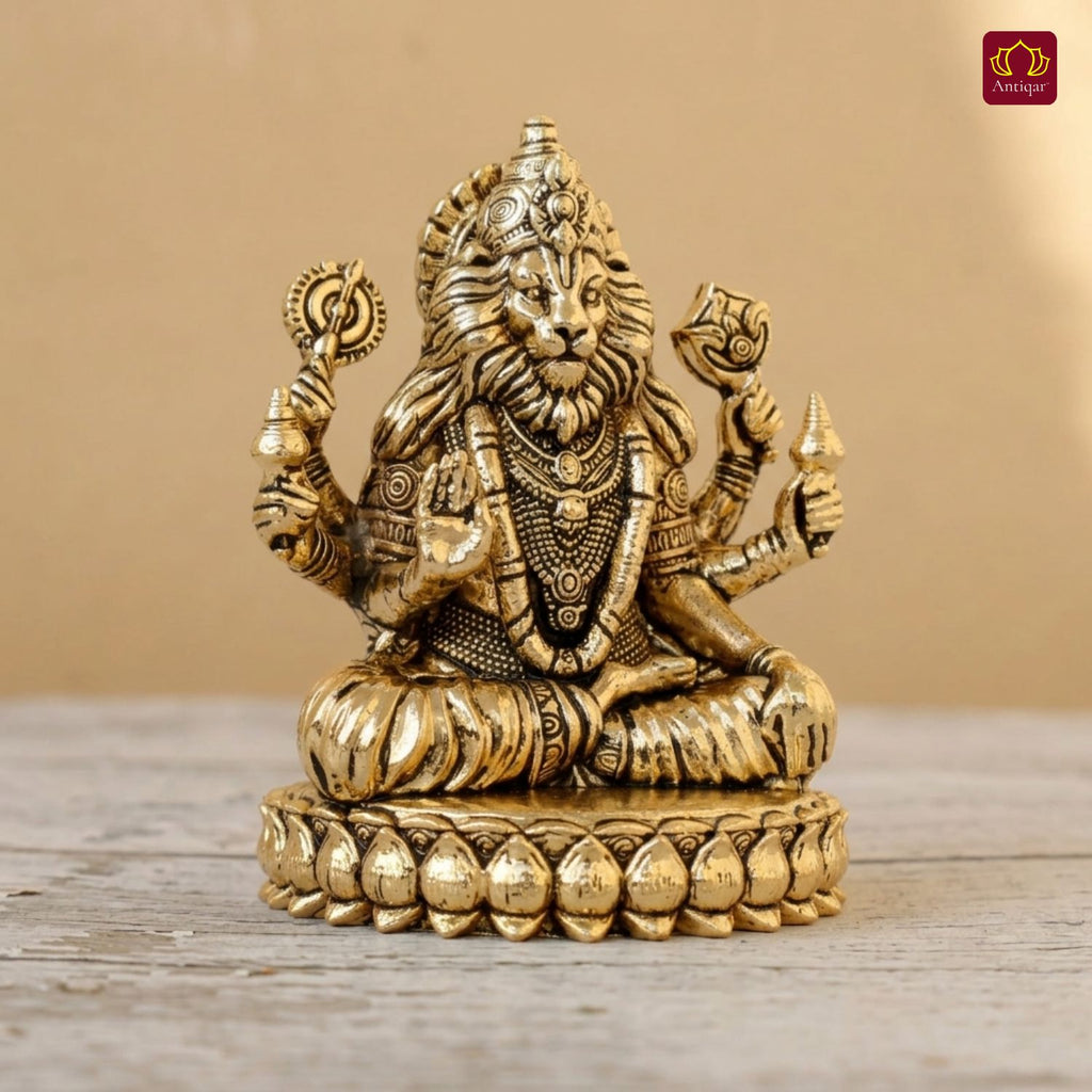 Brass Narsimha Ji Idol - 4.5cm  | Golden Finish | Spiritual Idol for Home, Office, Workshop, Temple & Car Dashboard Decor
