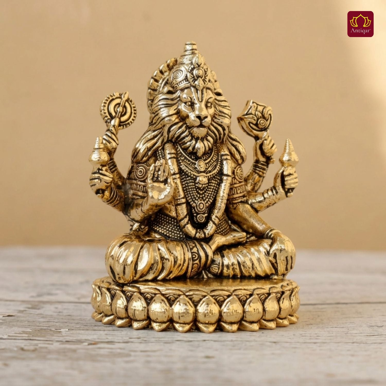 Brass Narsimha Ji Idol - 4.5cm  | Golden Finish | Spiritual Idol for Home, Office, Workshop, Temple & Car Dashboard Decor