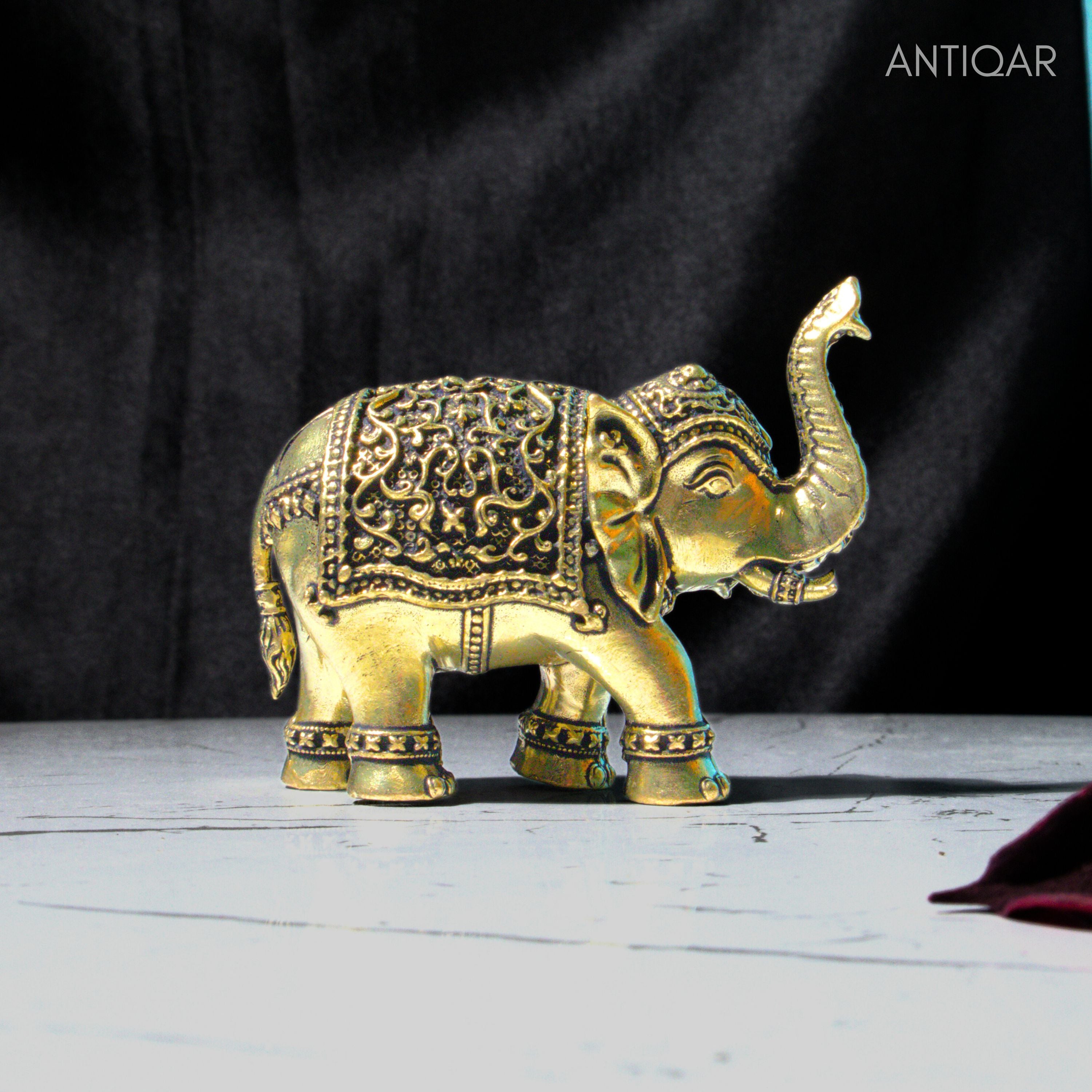 Brass Elephant Showpiece in Vintage Design - 5cm | Antique Golden Finish | Decorative Figurines for Temple, Home & Office