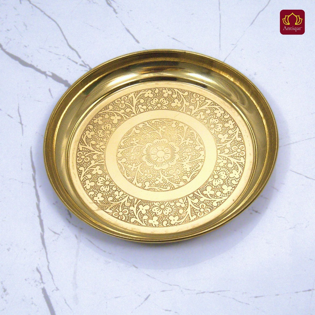 Brass Etching Design Plate - 2cm | Serve Main Course items in Lunch & Dinner | Antique Golden Finish | Traditional Mughlai Style use for serving in Kitchen, Festivals and Restaurents