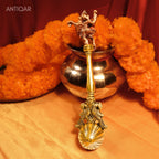 "Dancing Ganesha on Hawan Spoon – 22 cm | Antique Golden Finish | Handcrafted Brass Puja Item for Temple, Home & Festive Decor   "