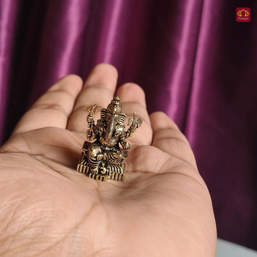 Brass Miniature Ganesh Ji Idol - 3cm | Antique Finish | Spritual use for Home, Temple & Car Dashboard Decor