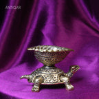Brass Diya on Turtle - 4cm | Antique Finish | Spritual use for Pooja, Temple & Festival Decor
