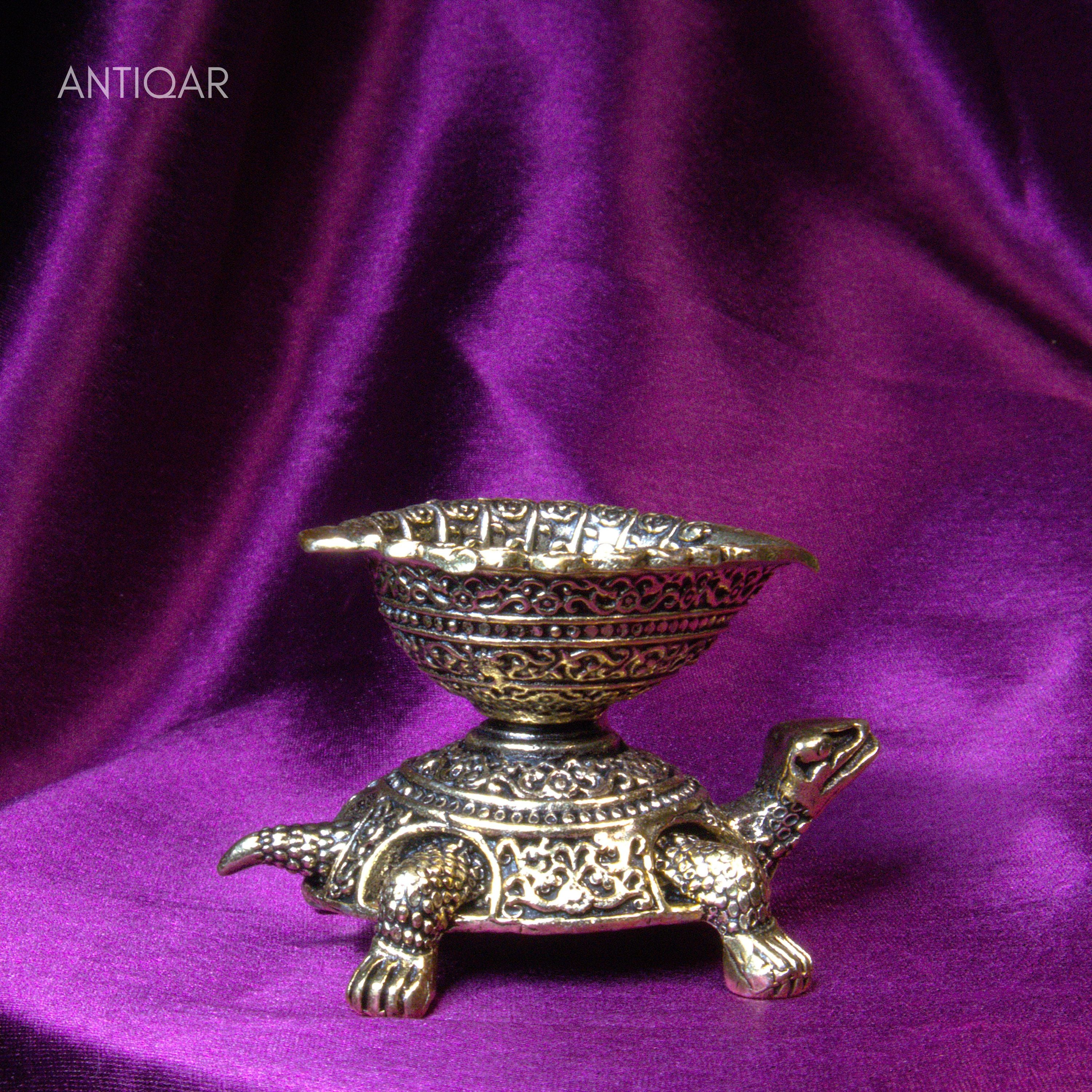 Brass Diya on Turtle - 4cm | Antique Finish | Spritual use for Pooja, Temple & Festival Decor
