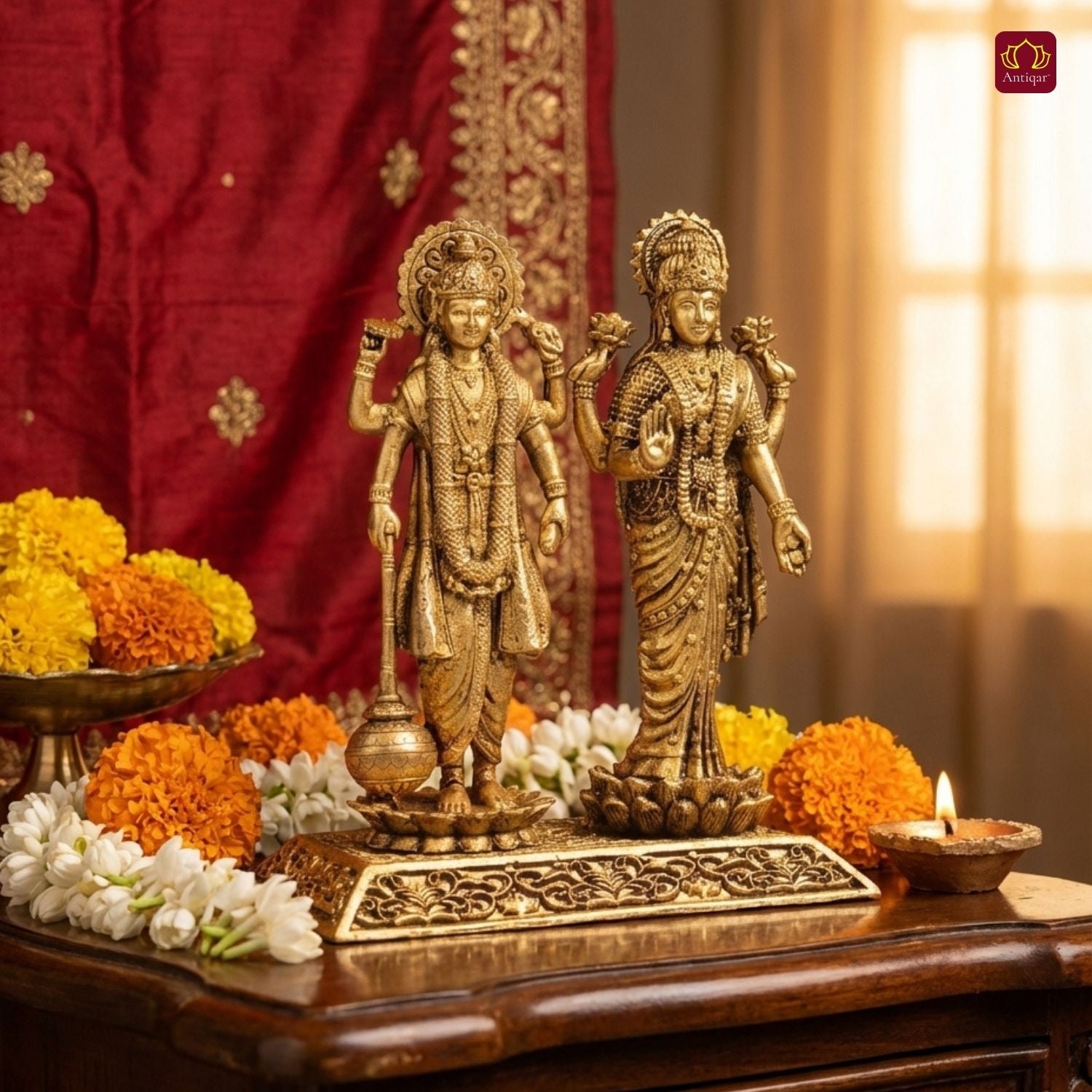 Brass Laxmi Narayan pair Idol - 8cm | Standing on Lotus | Antique Finish | Spiritual Idol for Temple & Home Decor