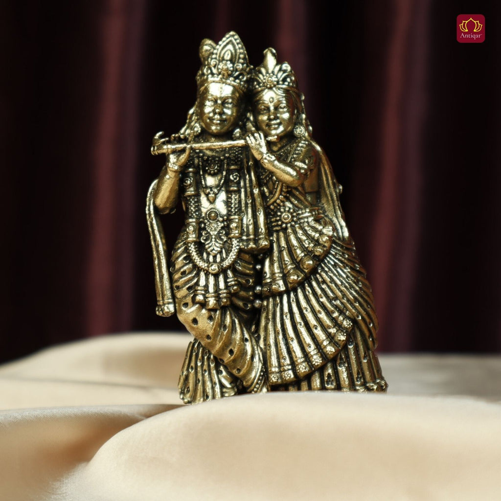 Brass Designer Radhakrishna Idol - 12cm | Antique Finish | Spiritual Idol for Temple & Home Decor