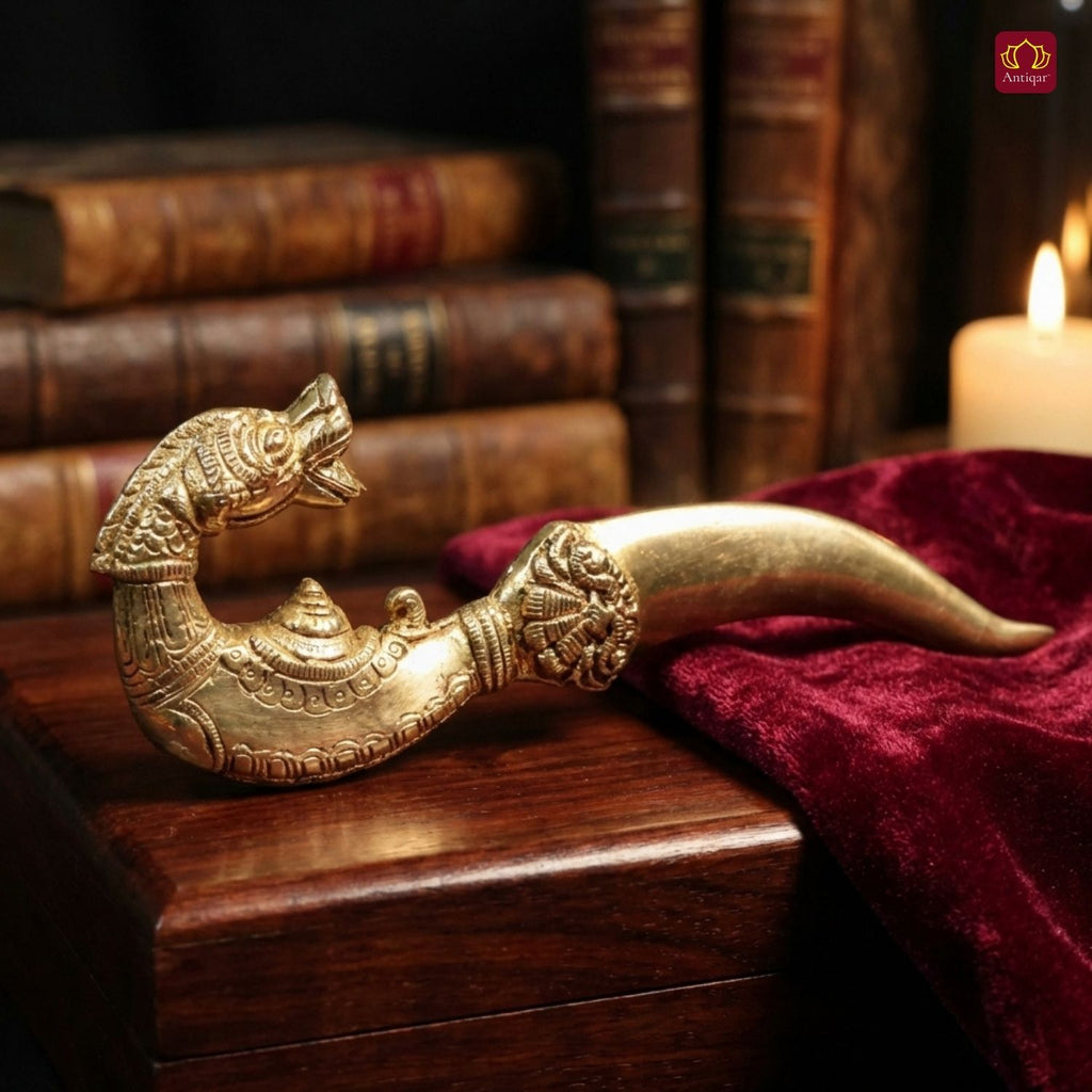 Brass Designer Katar Dagger – 26 cm | Dragon Handle with Intricate Carving | Antique Golden Finish | Handcrafted Decor for Festivals, Temple & occasional