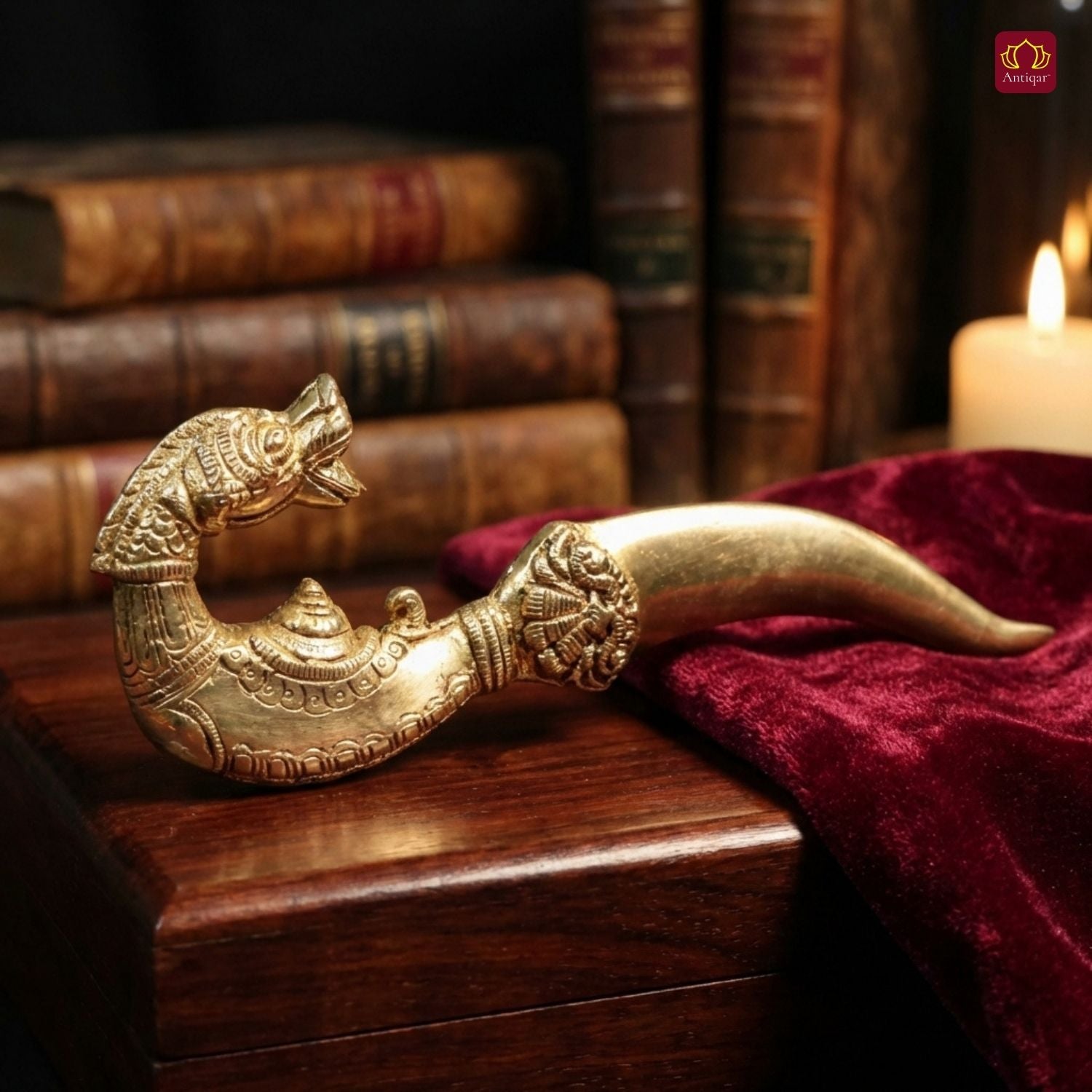 Brass Designer Katar Dagger – 26 cm | Dragon Handle with Intricate Carving | Antique Golden Finish | Handcrafted Decor for Festivals, Temple & occasional