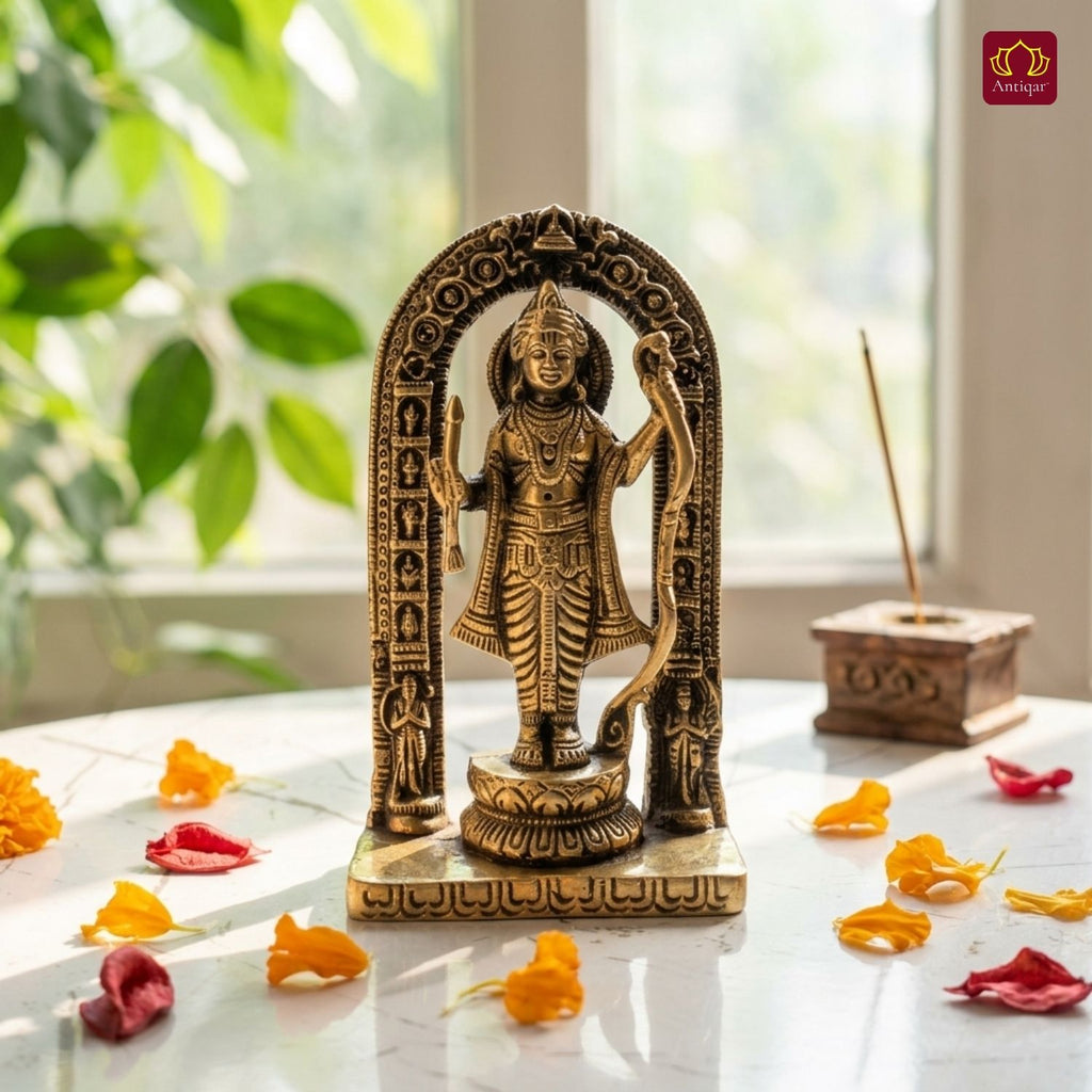 Shree Ram Ji Brass Idol – 16 cm | Antique Finish | Inspired by Ayodhya Ram Mandir | For Temple, Table & Car Dashboard Decor
