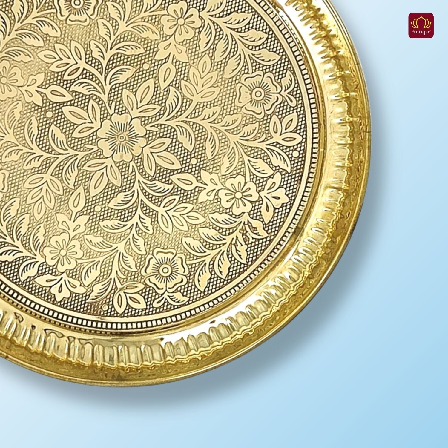 Brass Etching Floral Design Plate - 2.5cm | Serve Main Course items in Lunch & Dinner | Antique Golden Finish | Traditional Mughlai Style use for serving in Kitchen, Festivals and Restaurents