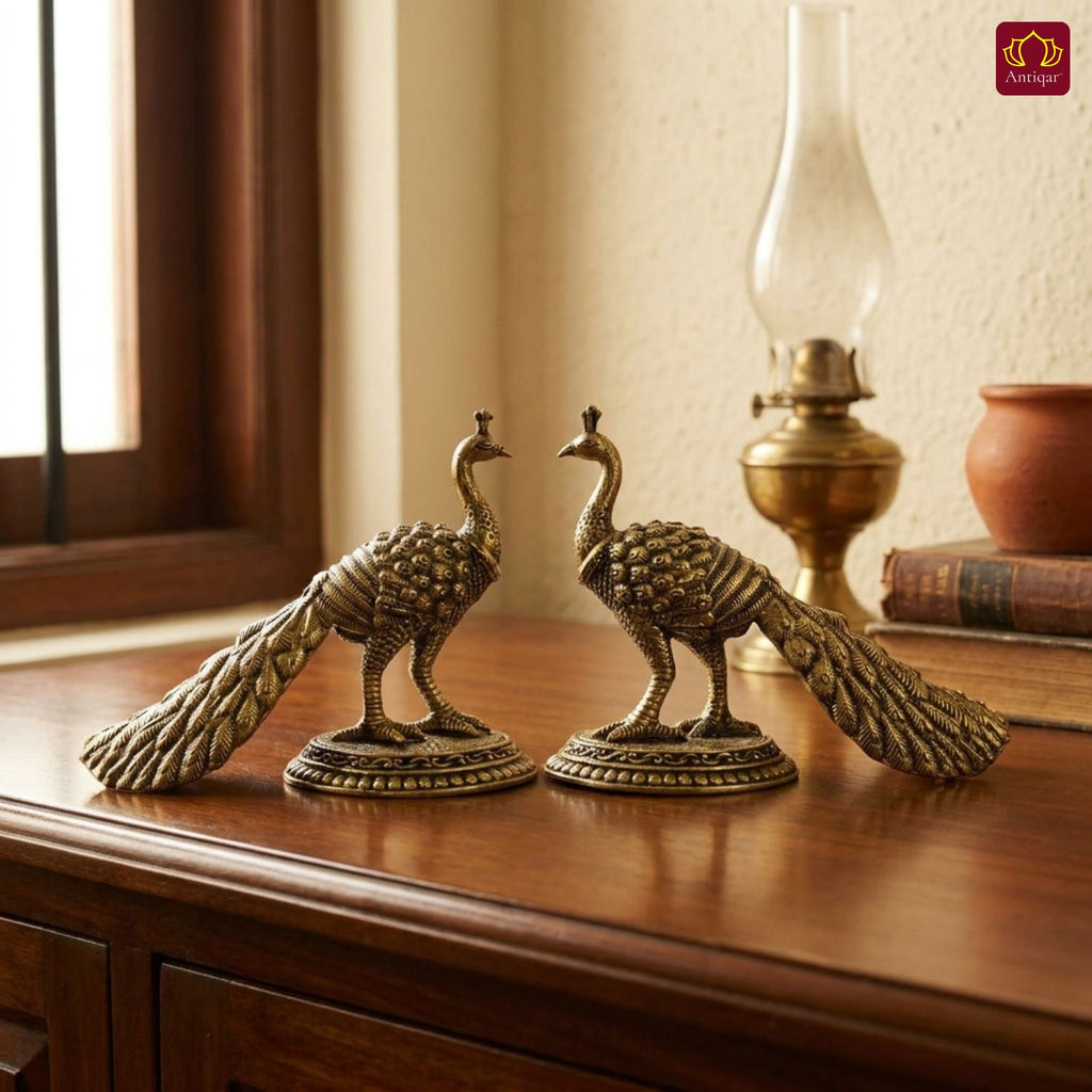 Brass Peacock Showpiece – 8 cm | Antique Finish | Handcrafted Decor for Temple, Table & Home (Pack of 2)
