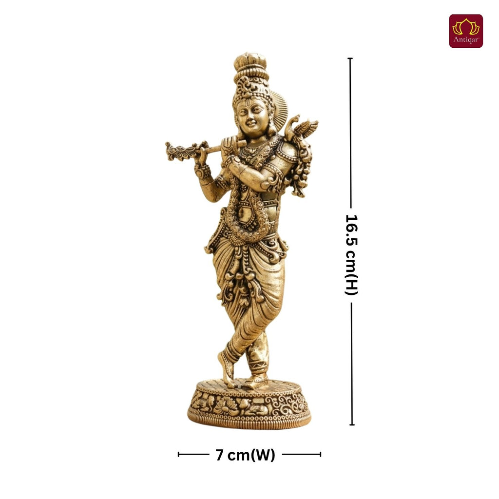Brass Lord Krishna Idol Playing with Flute - 16.5cm | Antique Finish | Handcrafted Artwork | Home & Office Decor | Ideal for Gifting & Spiritual Blessings