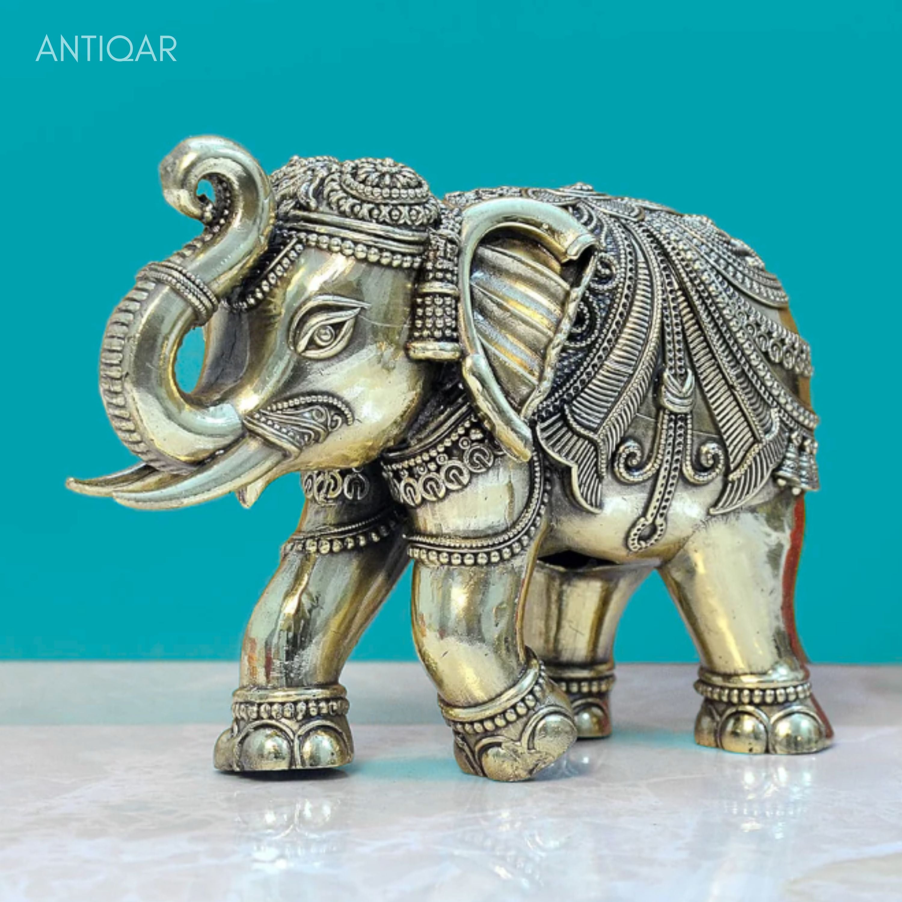Brass Elephant Showpiece in Floral Design - 4cm | Antique Golden Finish | Decorative Figurines for Temple, Home & Office