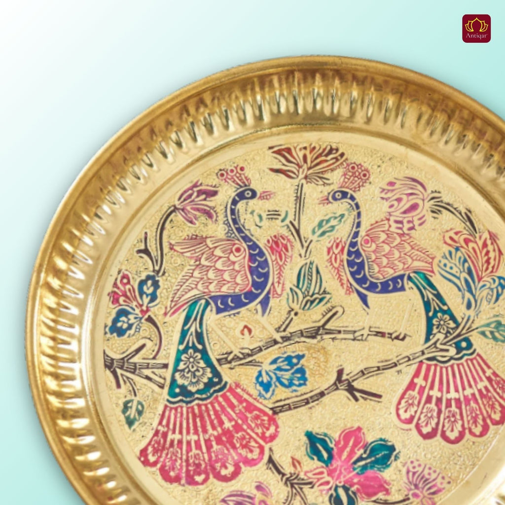 Brass Meenakari Etched Plate – 3cm | Embossed Peacock & Floral Design | Ideal for Serving Sweets, Fruits & Bhog Offerings
