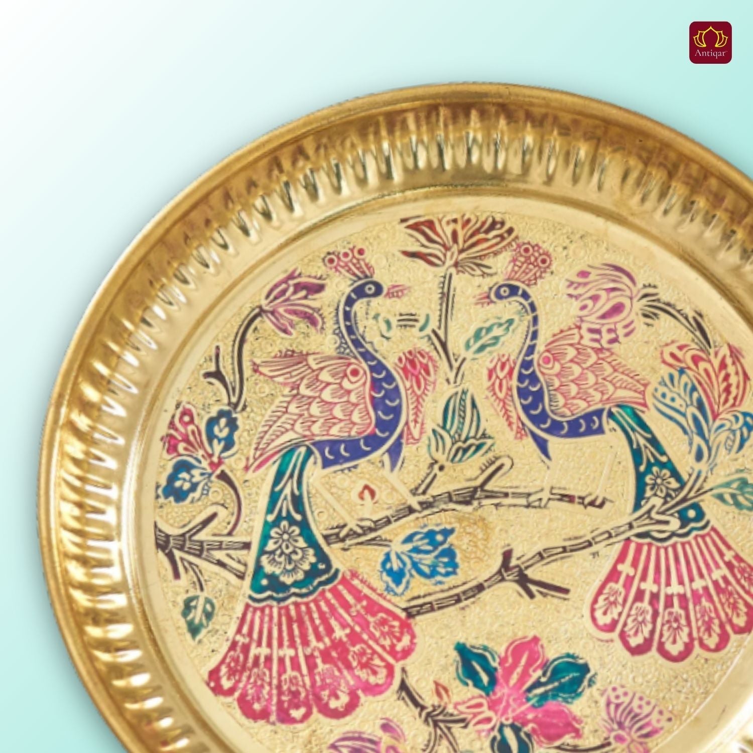 Brass Meenakari Etched Plate – 3cm | Embossed Peacock & Floral Design | Ideal for Serving Sweets, Fruits & Bhog Offerings