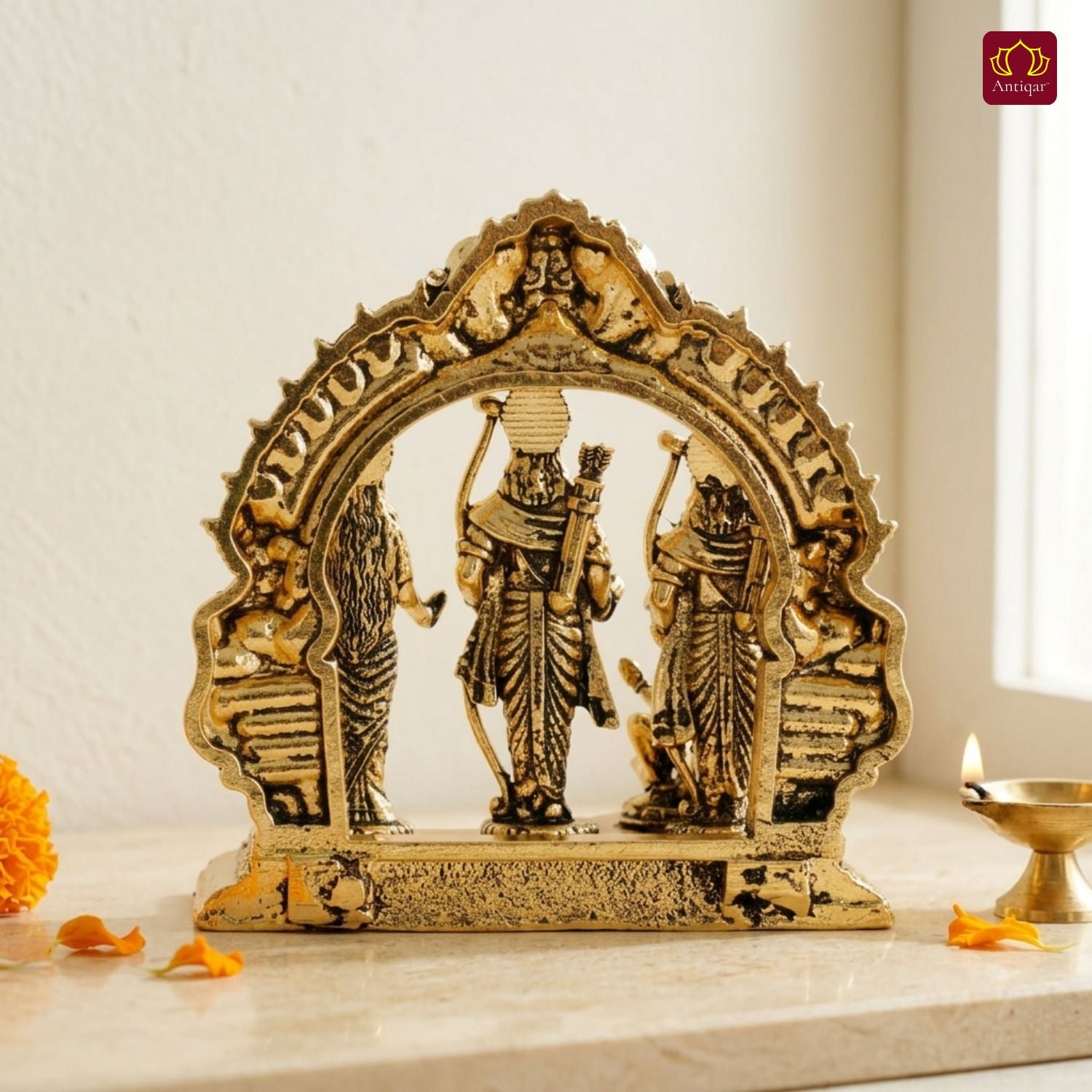 Brass Ram Darbar - 7cm | Antique Golden Finish | Spiritual Idol for Temple & Home Decor