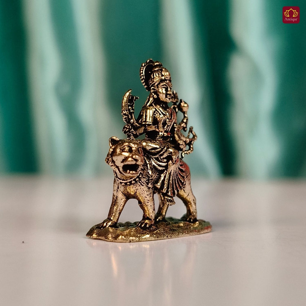 Brass Miniature Sherawali Maa Idol - 2.5cm | Antique Finish | Spritual use for Home, Temple & Car Dashboard Decor