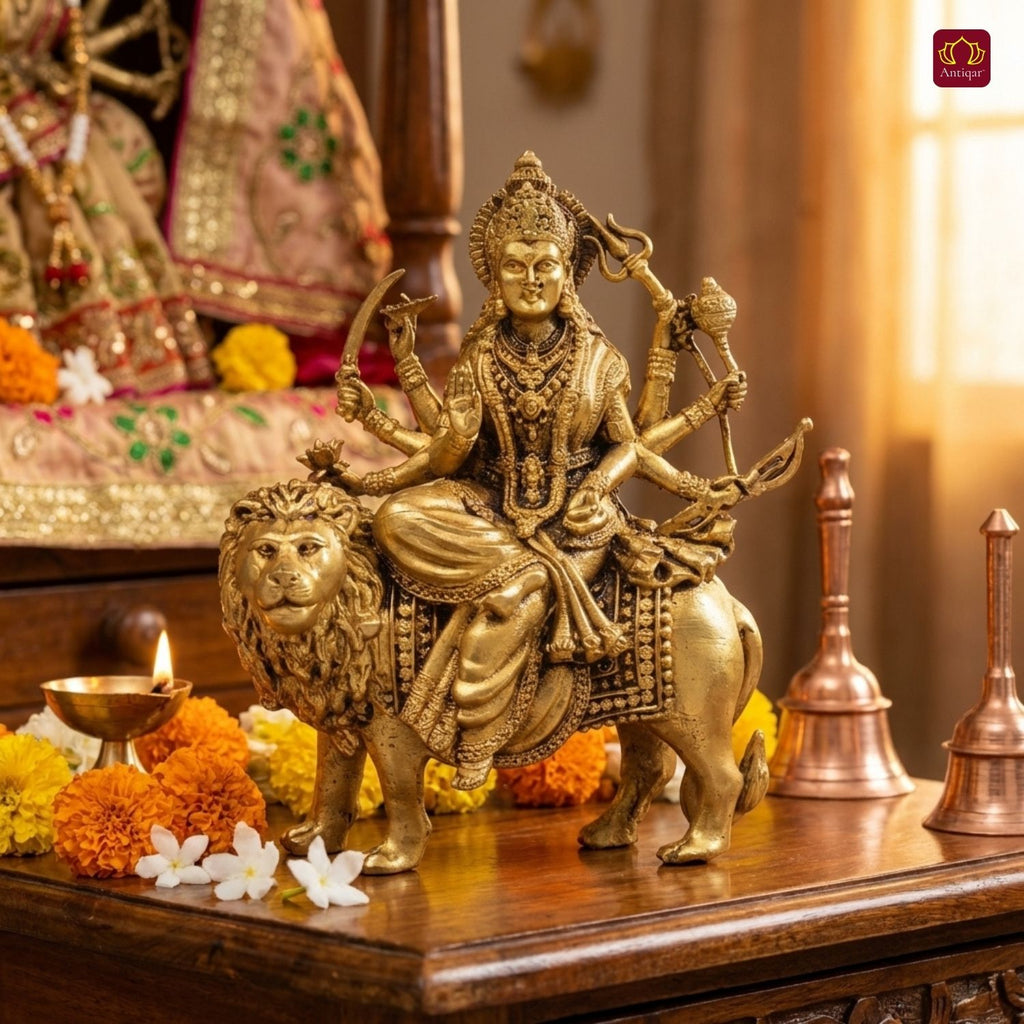 Brass Sherawali Maa Idol - 10cm | Sitting on Lion | Antique Golden Finish | Spiritual Idol for Temple & Home Decor