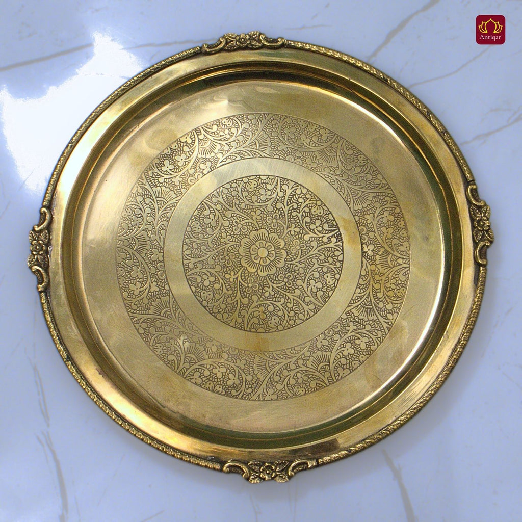 Brass Etching Design Plate - 2.5cm | Antique Golden Finish | Traditional use for Pooja in Temple, Festivals and Home