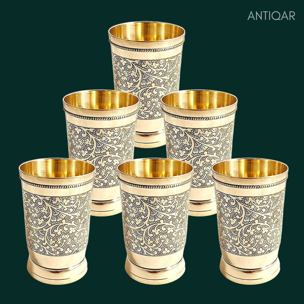 Brass Etching Design Glass - 10.5cm | Serve water & Milks | Antique Golden Finish | Traditional Mughlai Style use for serving in Kitchen, Festivals and Restaurents  (Pack of 6 set)