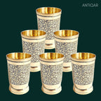 Brass Etching Design Glass - 10.5cm | Serve water & Milks | Antique Golden Finish | Traditional Mughlai Style use for serving in Kitchen, Festivals and Restaurents  (Pack of 6 set)