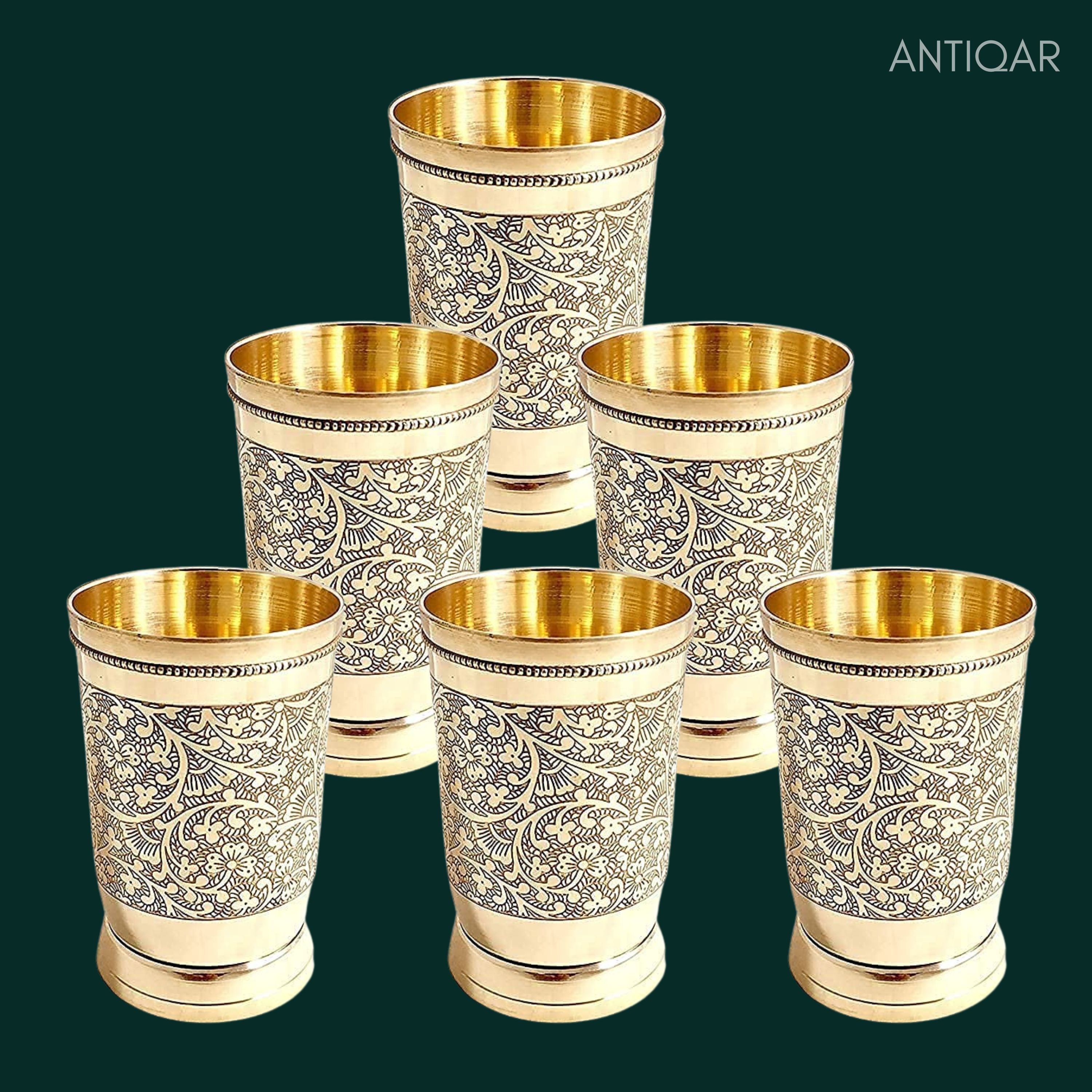 Brass Etching Design Glass - 10.5cm | Serve water & Milks | Antique Golden Finish | Traditional Mughlai Style use for serving in Kitchen, Festivals and Restaurents  (Pack of 6 set)